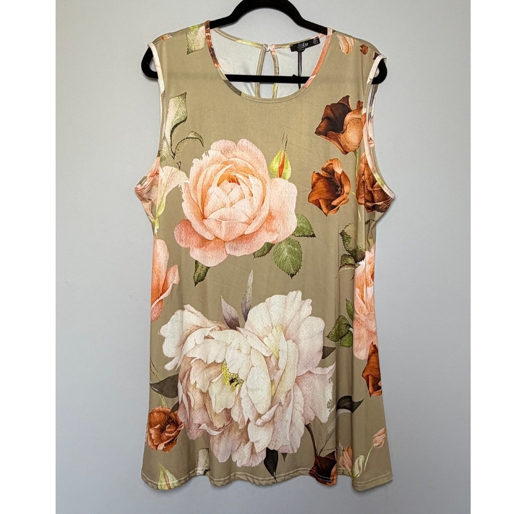 Lily by Firmiana Floral Sleeveless Tunic Top Olive Green Peach 1XL NWT